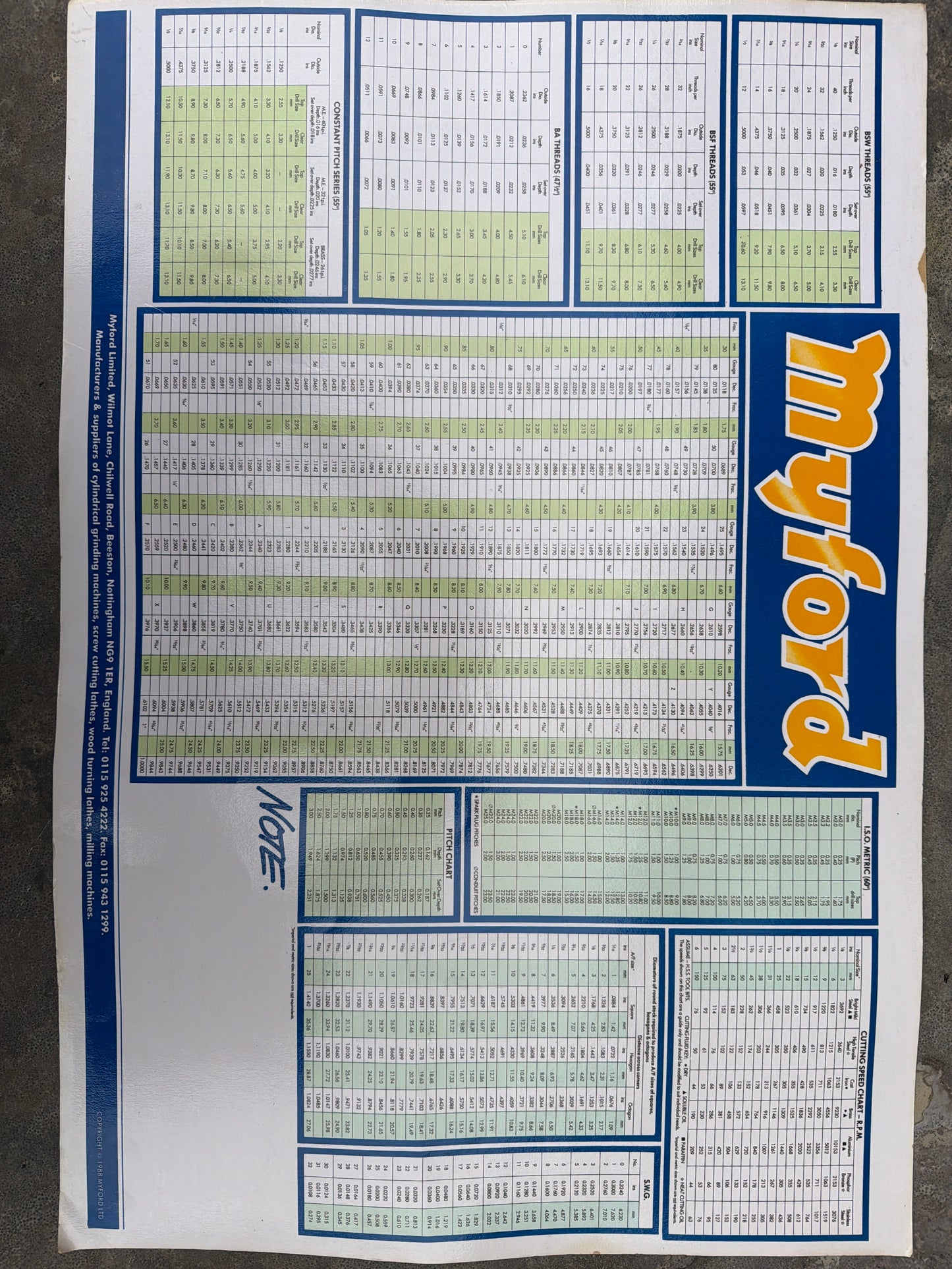 Originele Myford draadsnij tabel