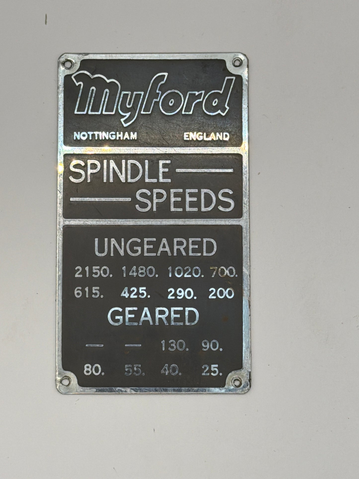 Myford Spindle Speeds tabel